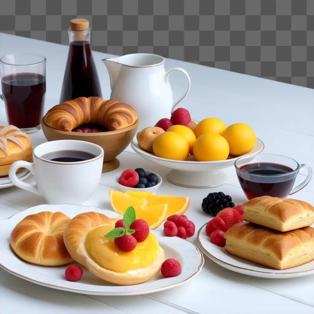 Breakfast plate with croissants, fruit and coffee