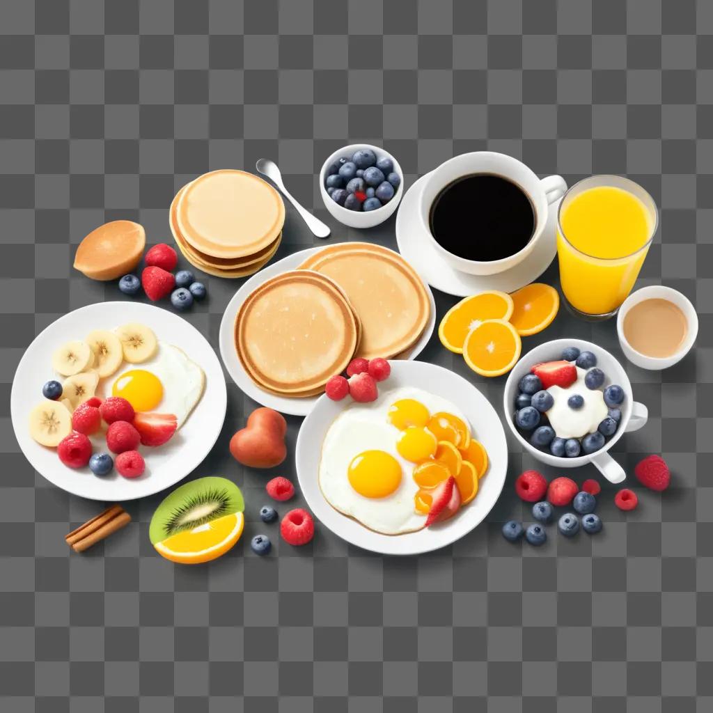 Breakfast plate with eggs, fruits, coffee, and yogurt