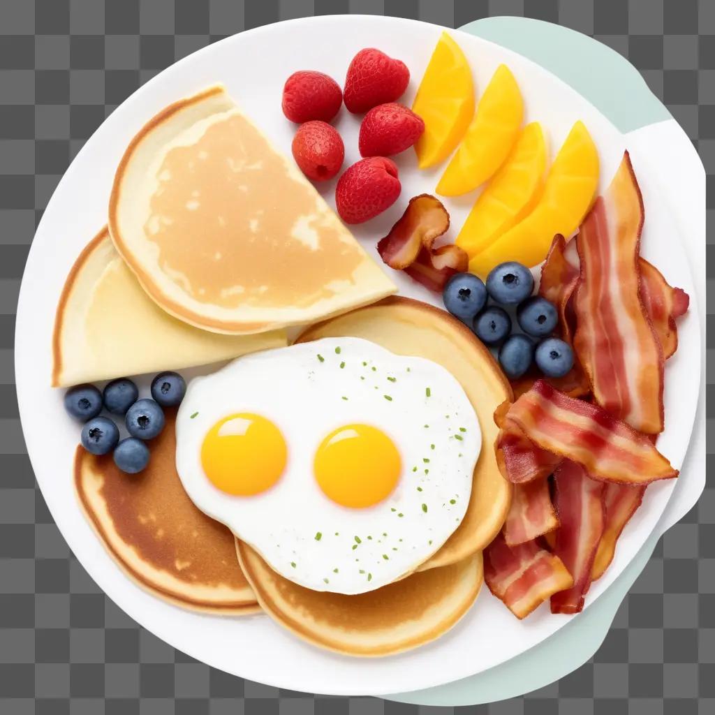 Breakfast plate with eggs, pancakes, fruit, and bacon