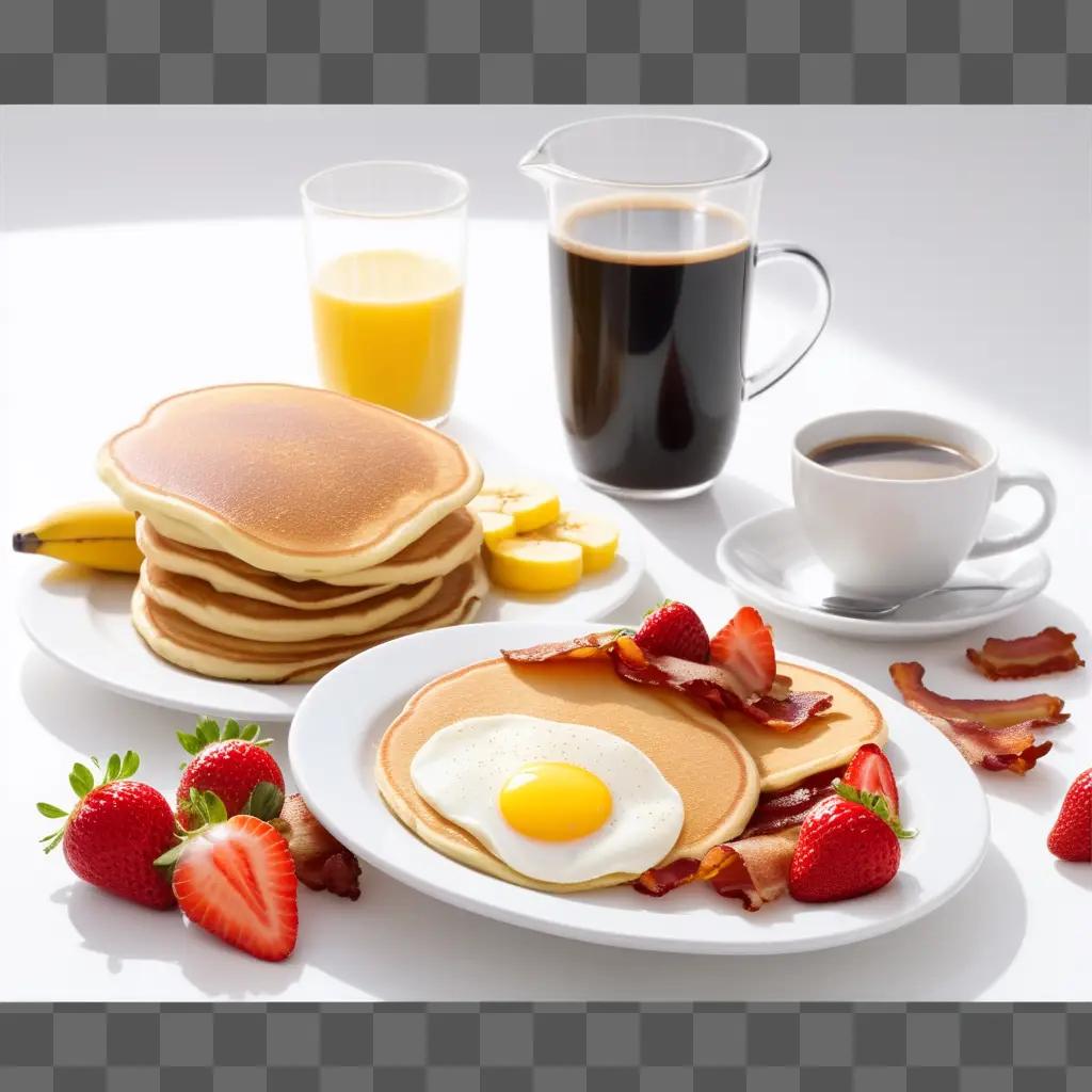 Breakfast plate with pancakes, eggs, bacon, and coffee