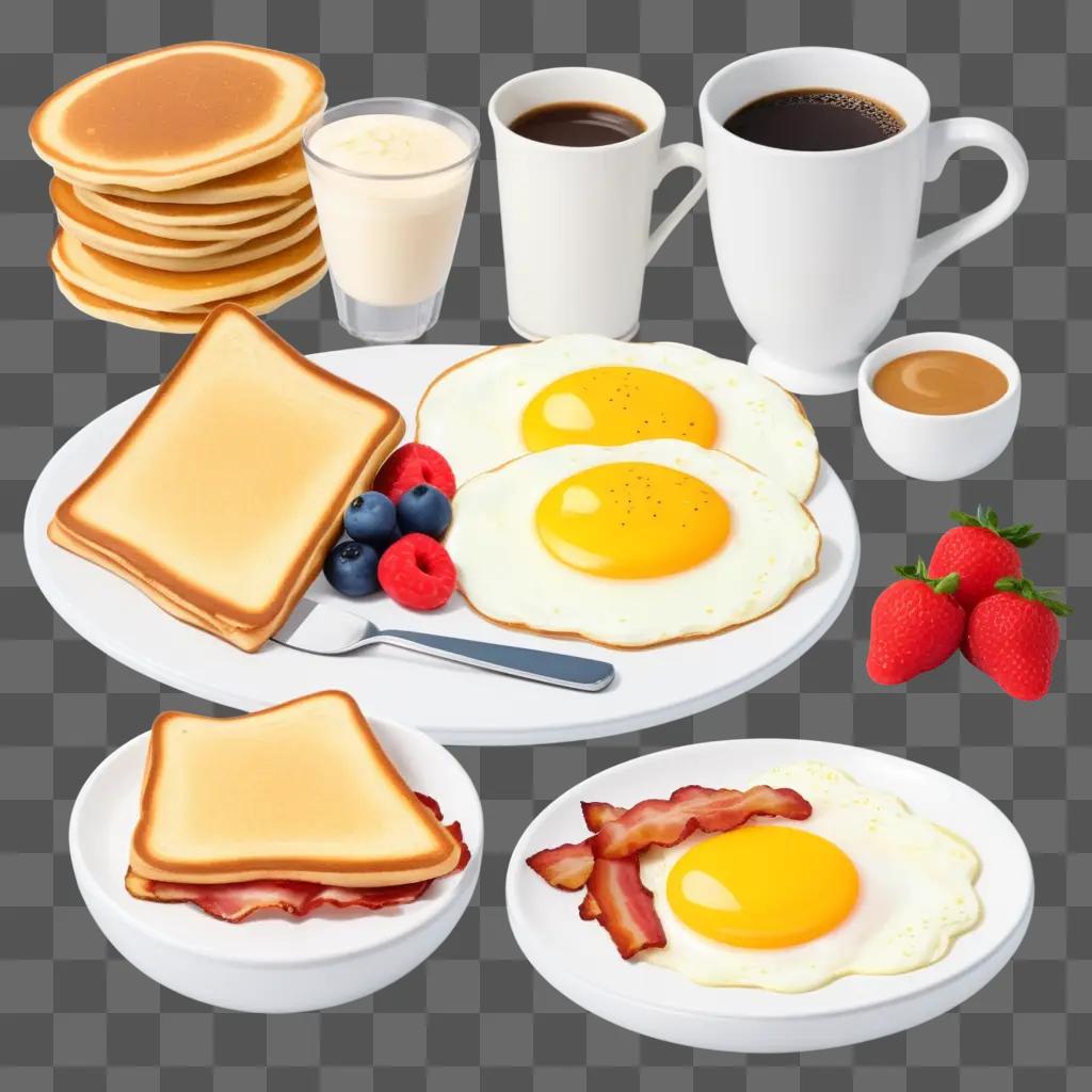 Breakfast plate with various breakfast items and coffee