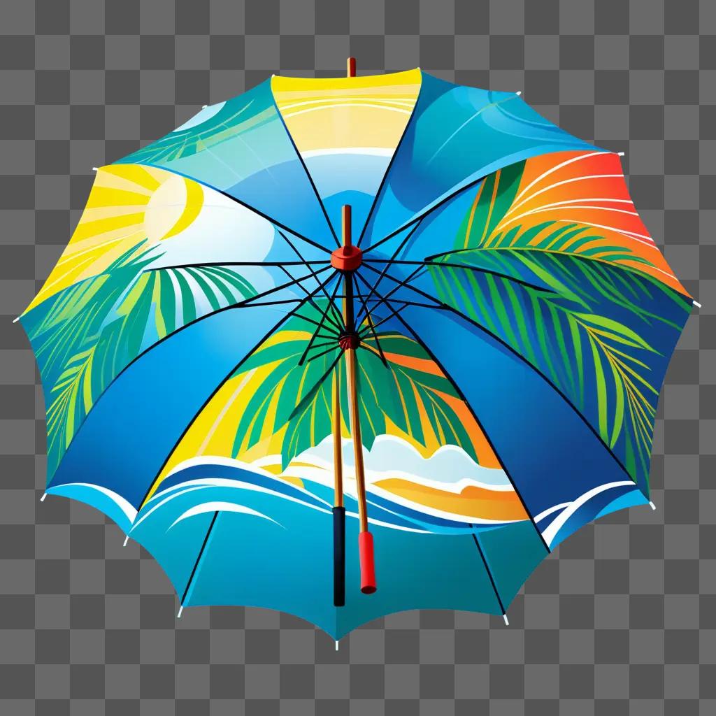 Brightly colored beach umbrella design with palm trees