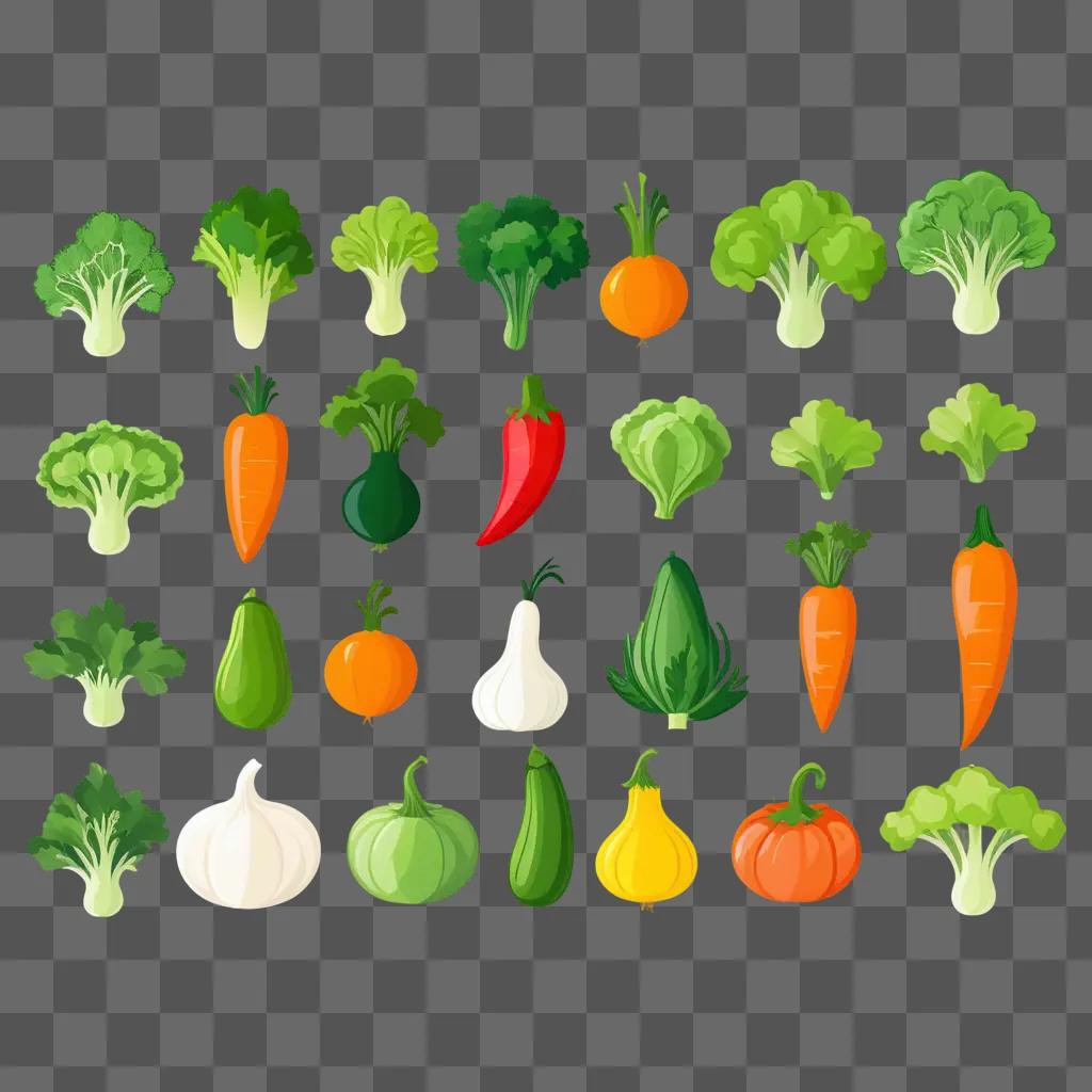 Brightly colored vegetable clipart in a variety of shapes