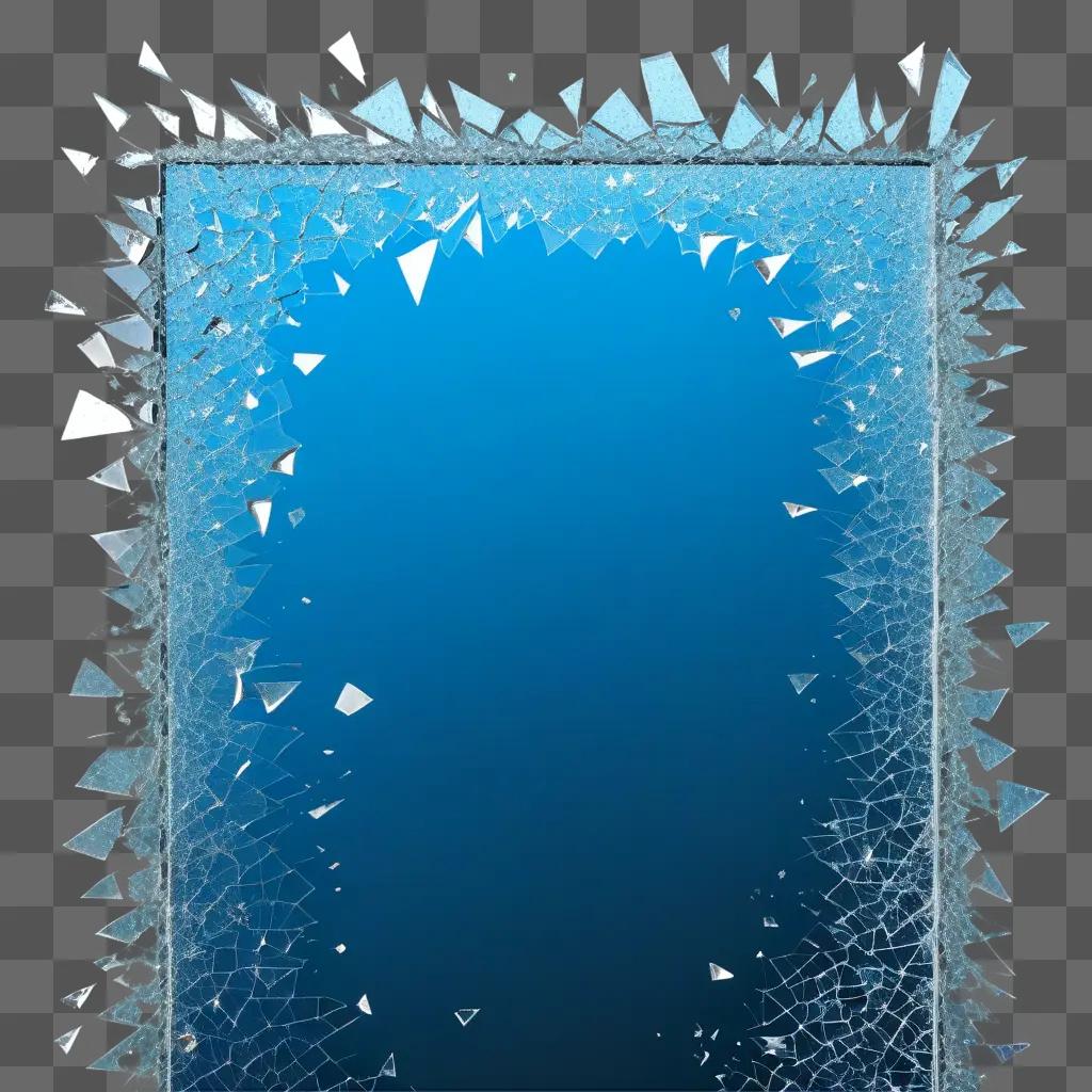 Broken glass in a blue frame with a transparent edge