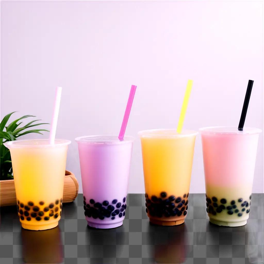 Bubble tea in colorful cups with straws on a table