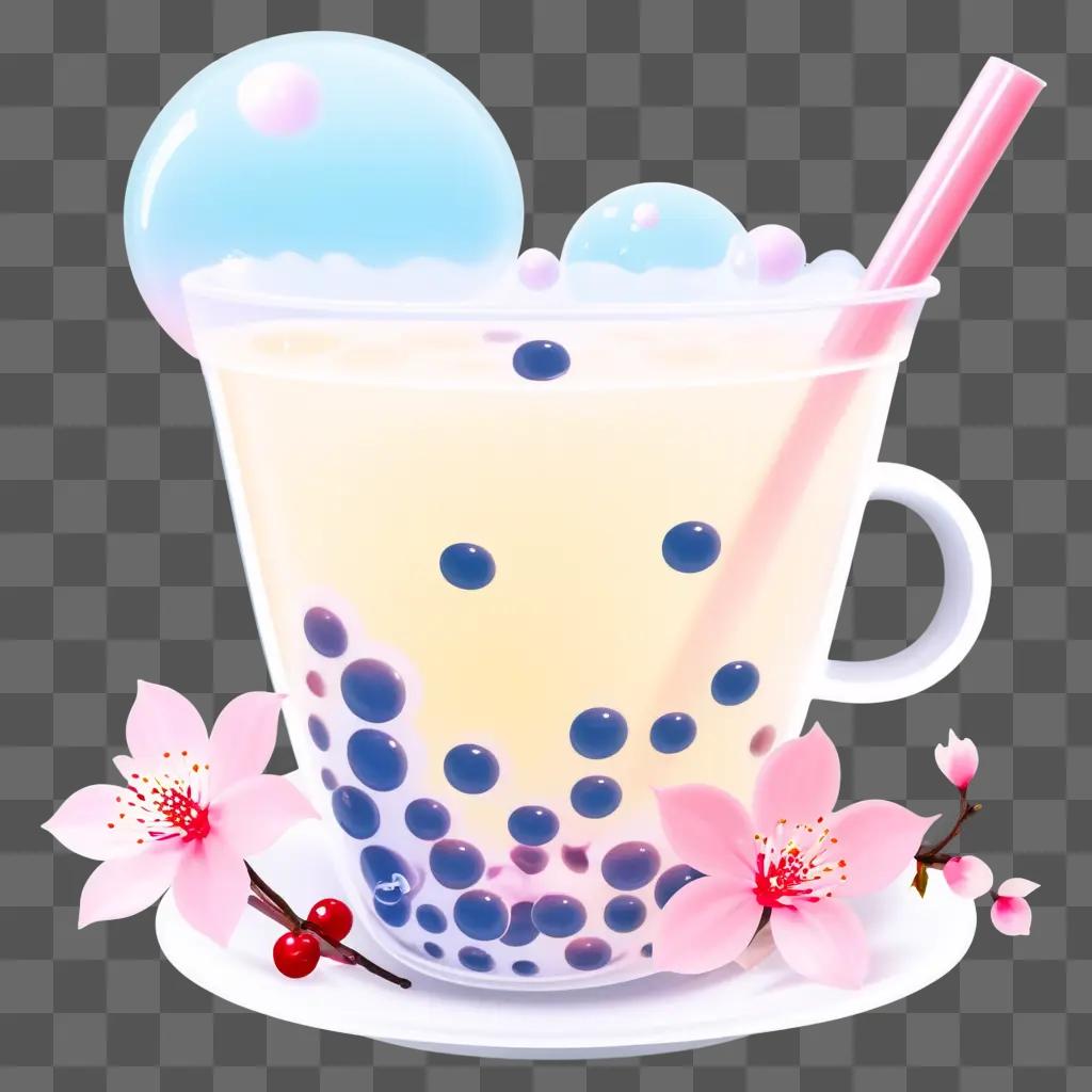 Bubble tea with pink berries and pink bubble tea