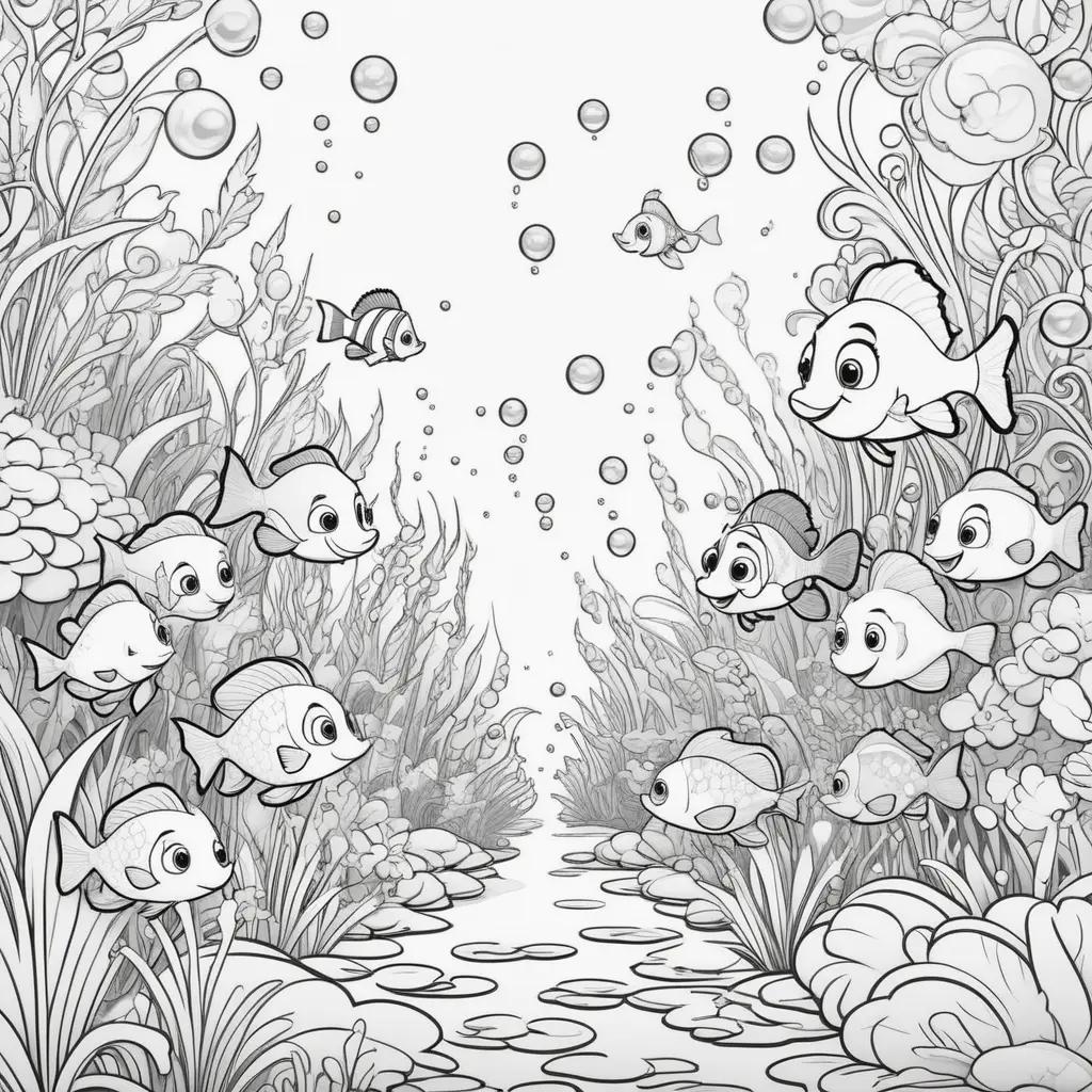 Bubbles and fish in a sea scene with black and white coloring pages