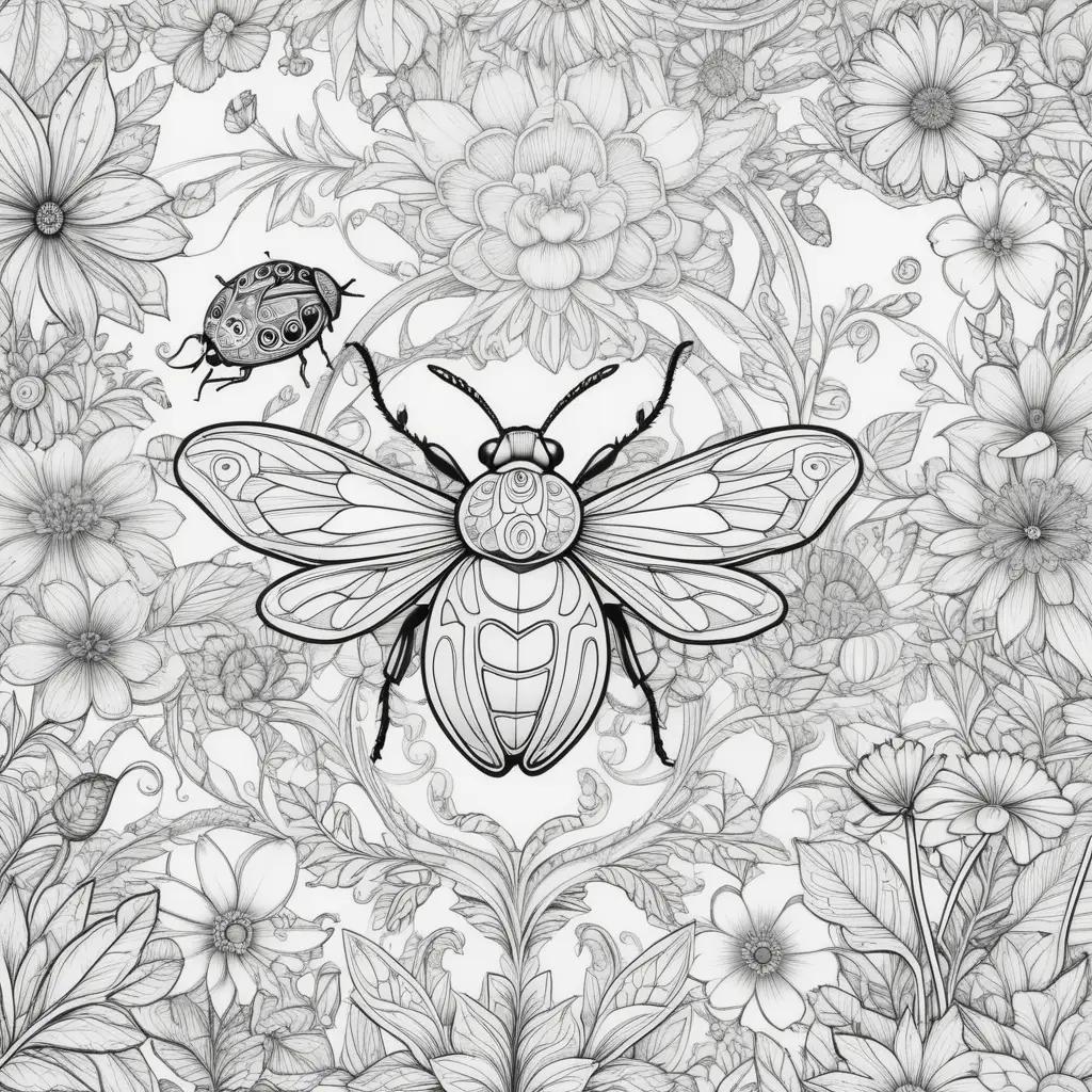 Bugs coloring pages with a black and white bee and a ladybug