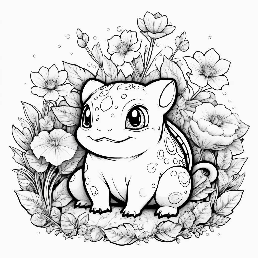 Bulbasaur Coloring Page: A cute little Bulbasaur sitting in the middle of a flower garden