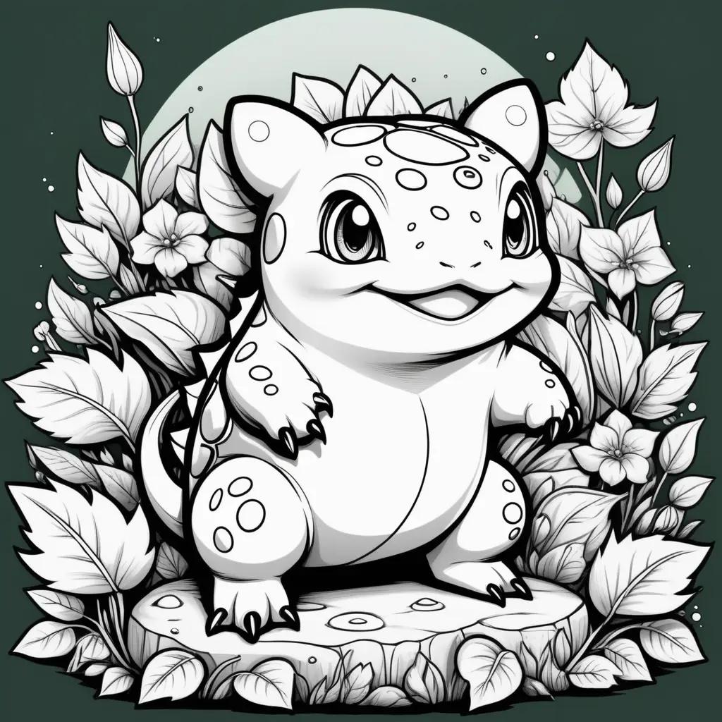 Bulbasaur coloring page with leaves and flowers