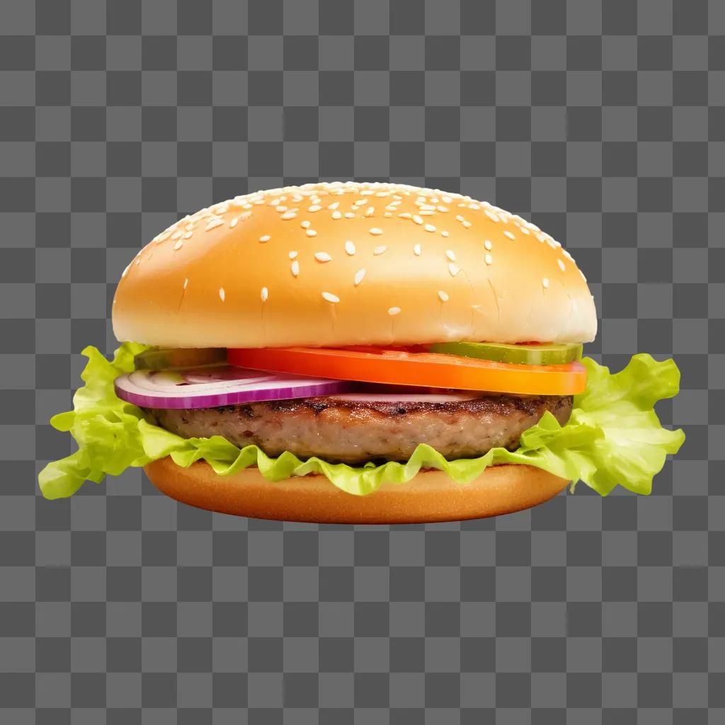 Burger with lettuce, tomato and sesame seeds on a transparent background