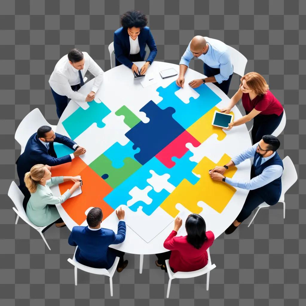 Business meeting around a table with colorful puzzle pieces