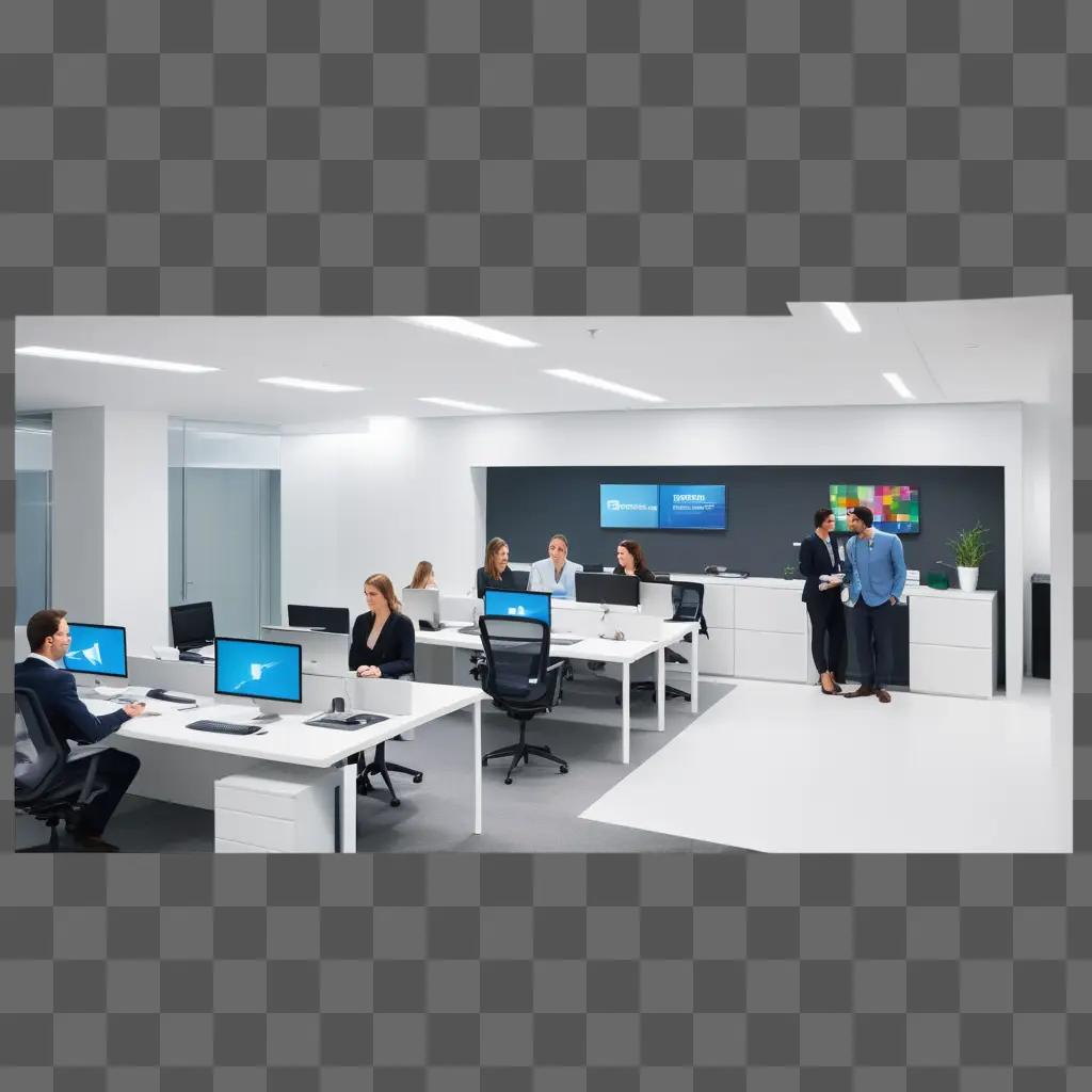 Business office with staff and computer screens