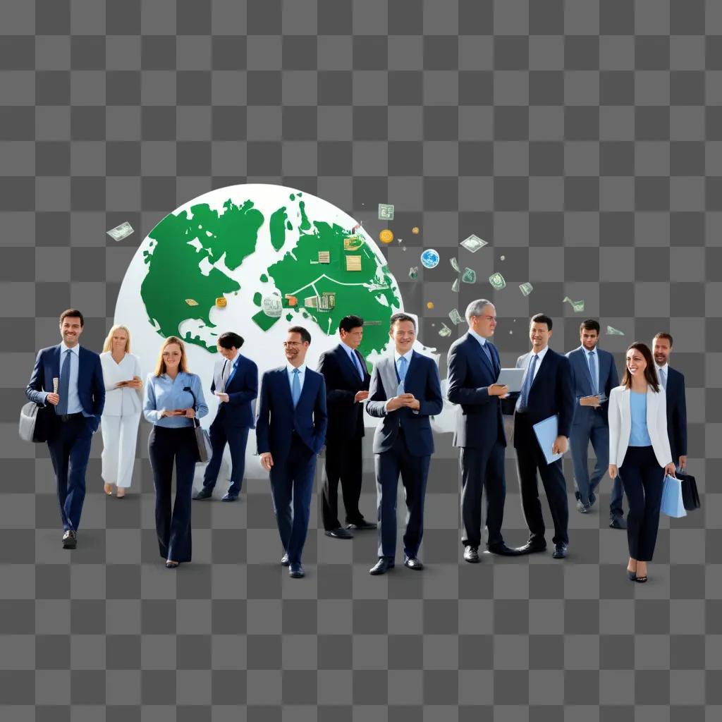 Business people stand together in front of the world