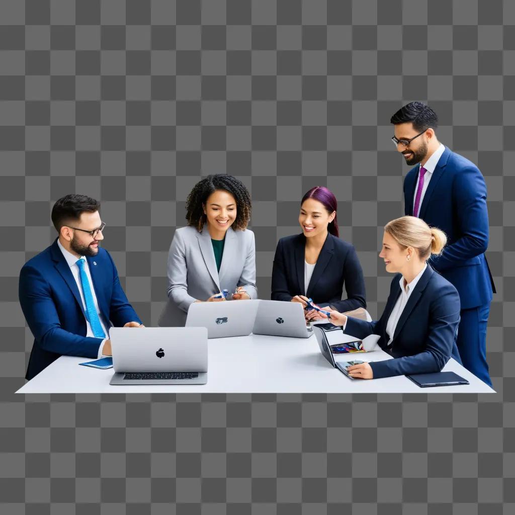 Business professionals at a table network with laptops