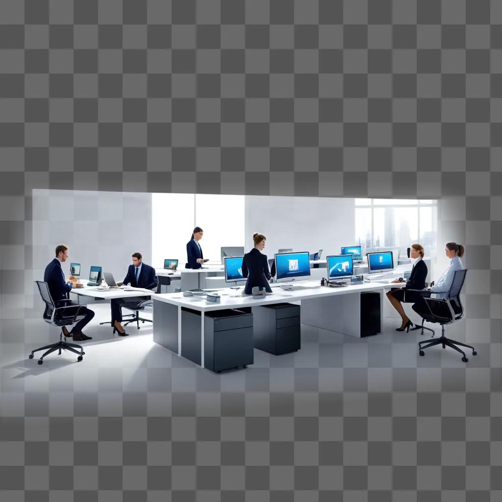 Business professionals gather around desks in an office