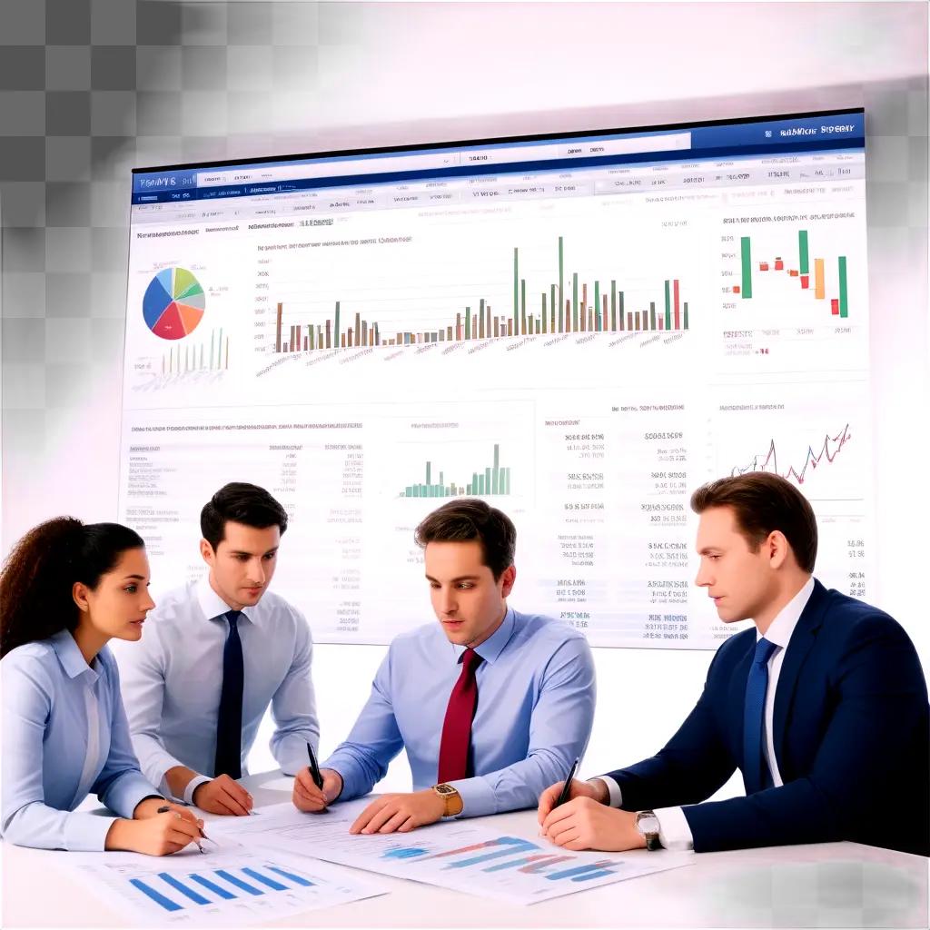 Businessmen analyze financial data on a wall screen