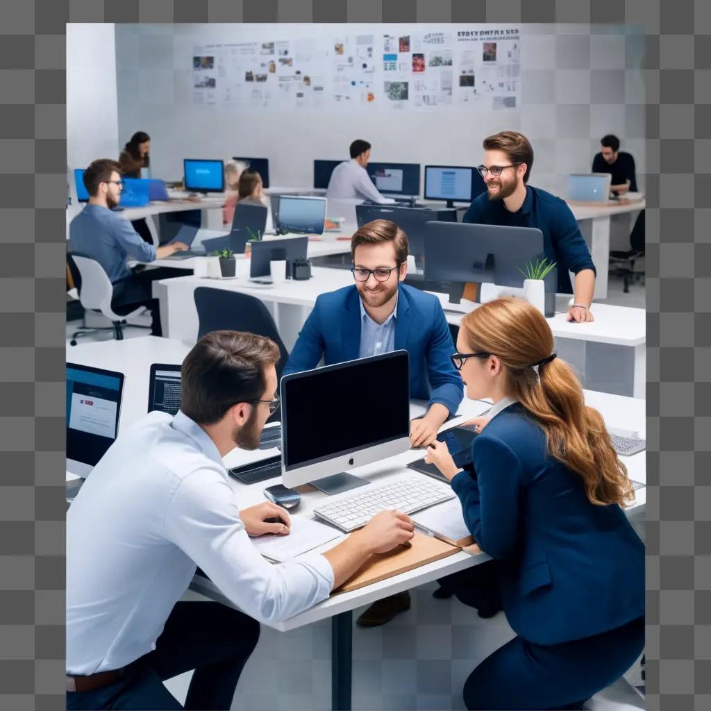 Businessmen and women in a modern office working on computers