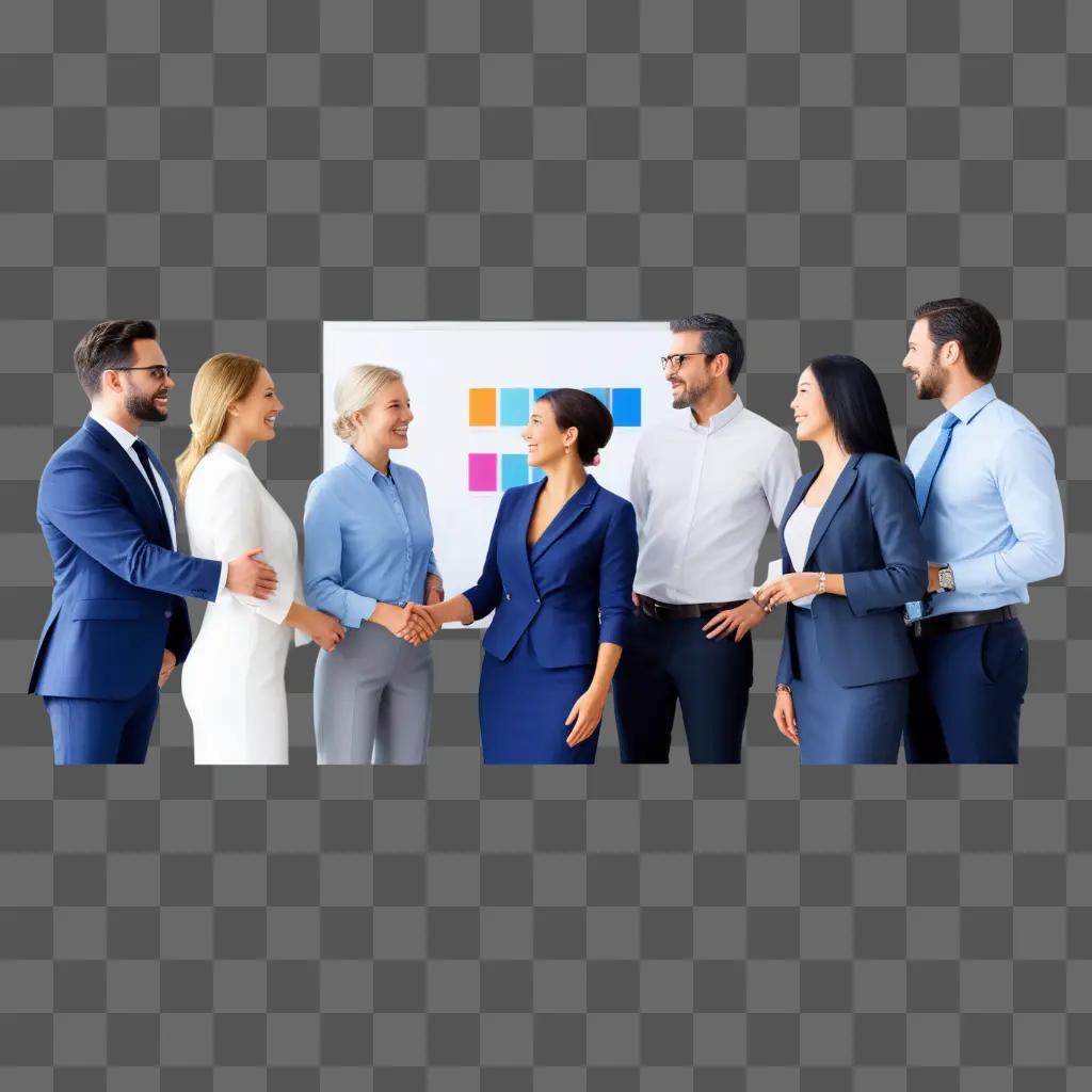 Businessmen and women shake hands during a collaborative meeting