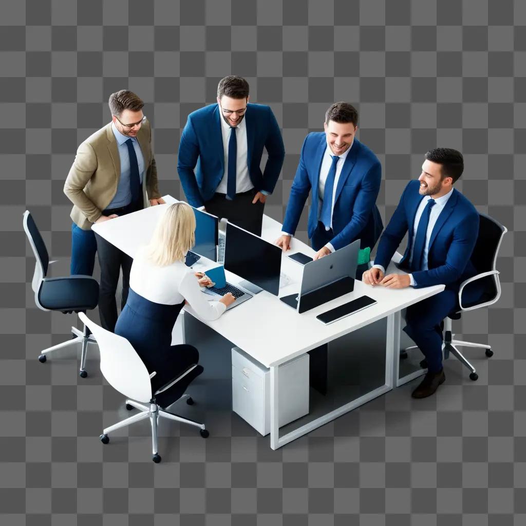 Businessmen at a meeting table with laptops