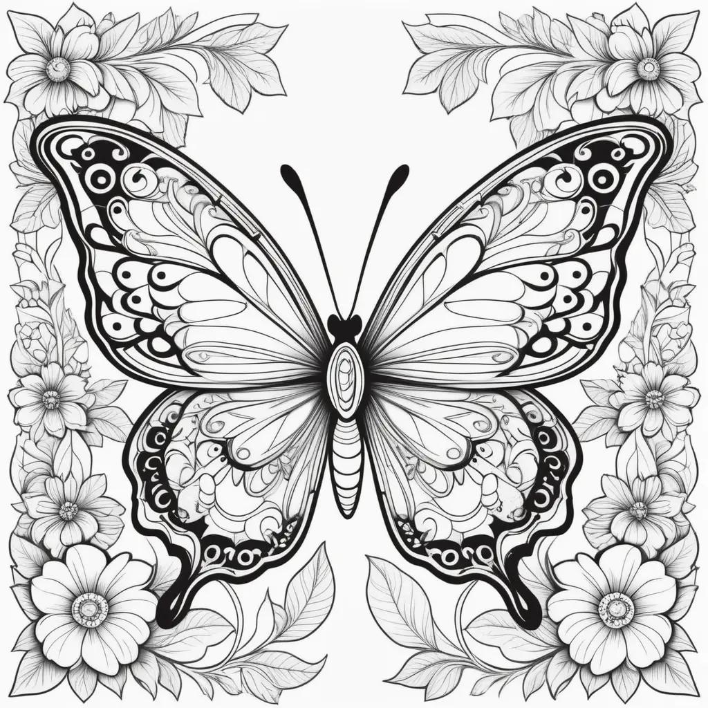 Butterfly Coloring Page with Fancy Lines and Leaves