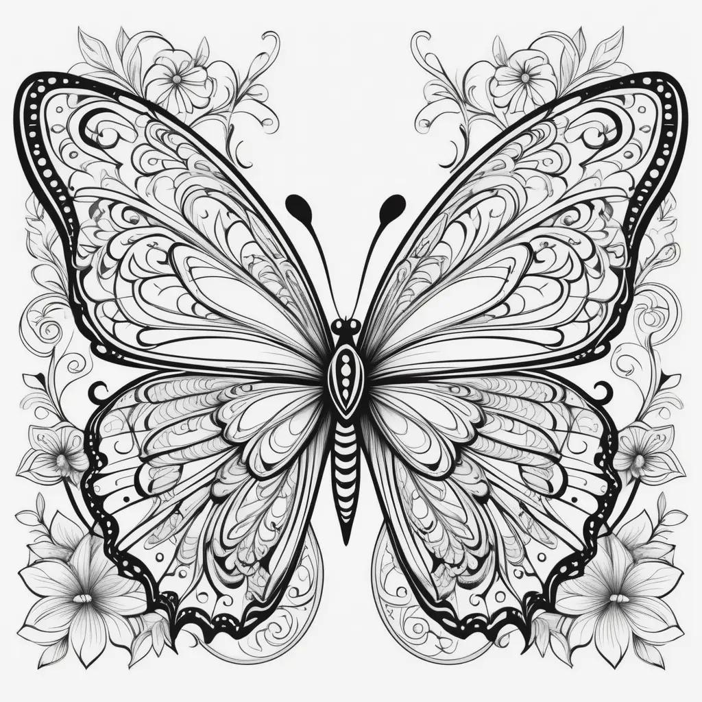 Butterfly color page with black and white floral design