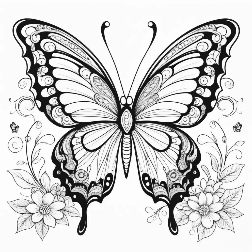 Butterfly coloring page with black and white illustrations