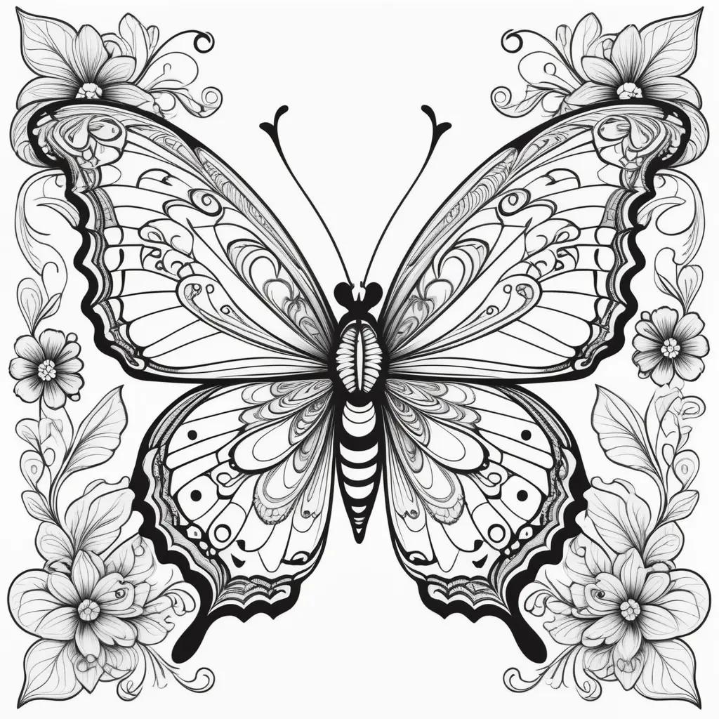 Butterfly coloring page with intricate designs and floral elements