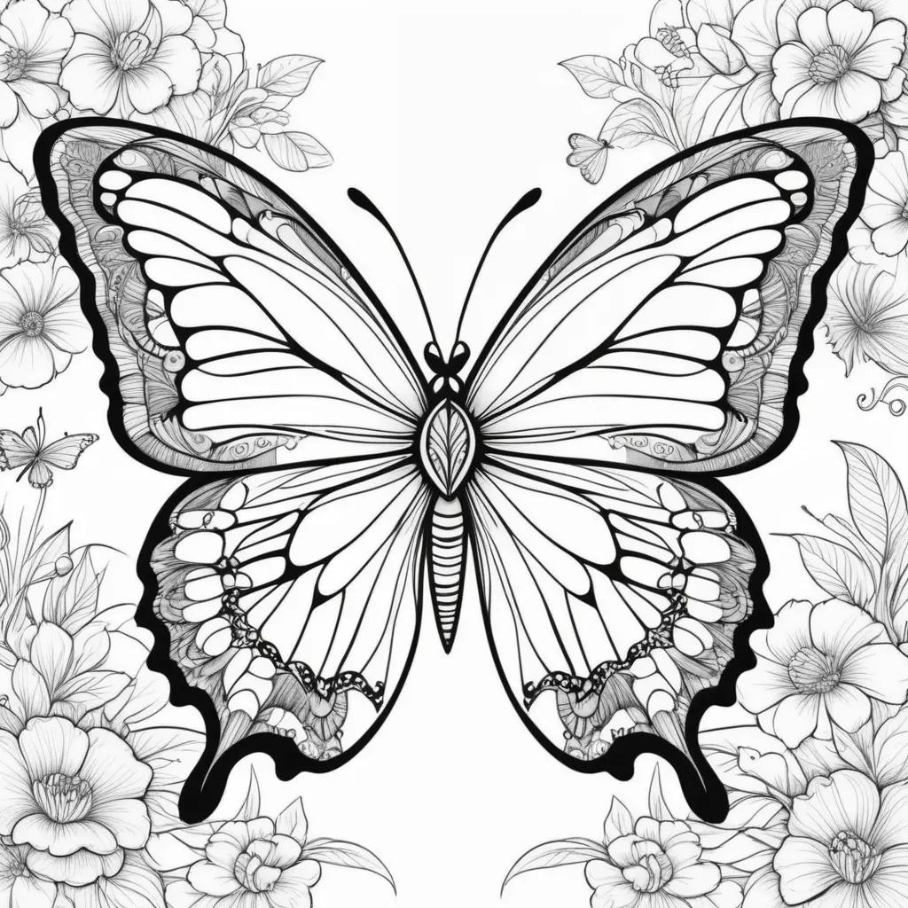 Butterfly coloring pages with black and white flowers