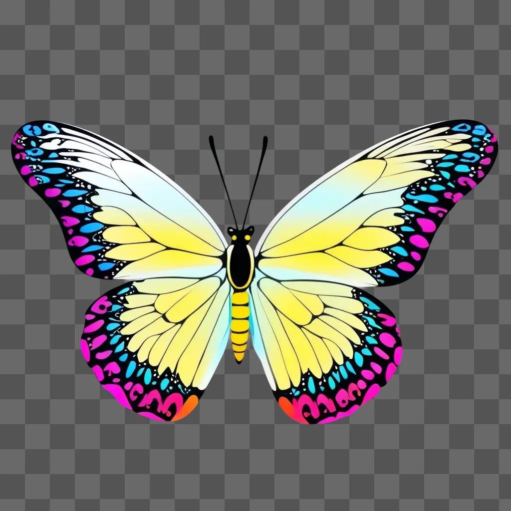 Butterfly with blue, yellow and pink hues in a colorful background