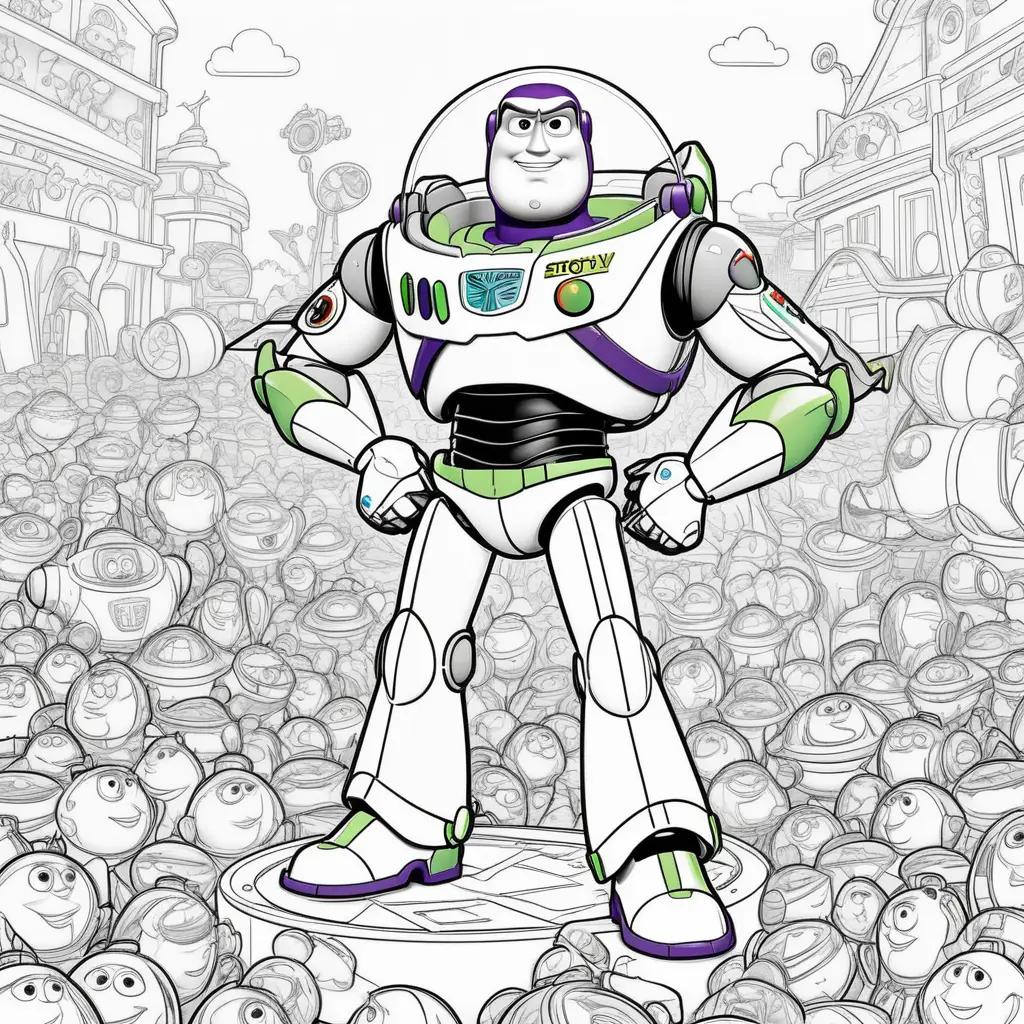 Buzz Lightyear coloring page featuring a crowd of other Buzz Lightyear figures