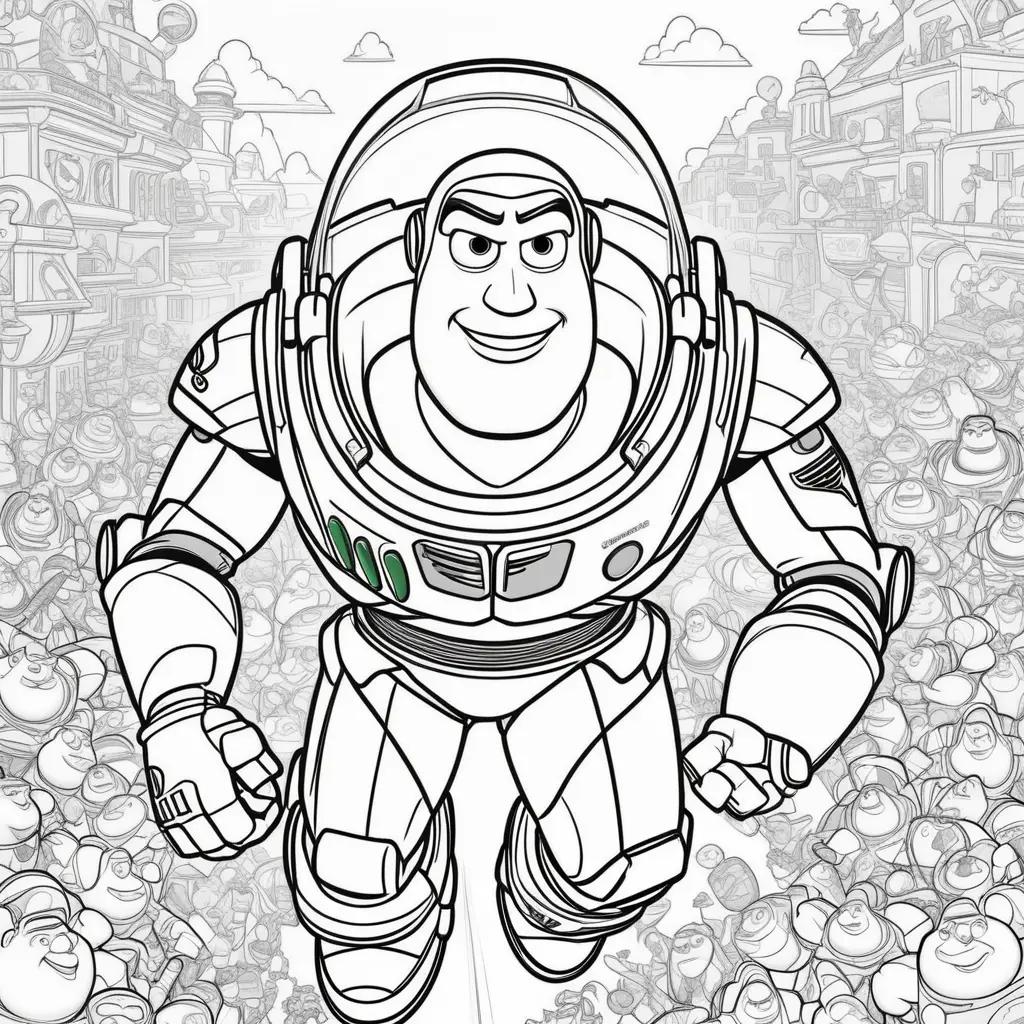 Buzz Lightyear coloring page in a crowded city