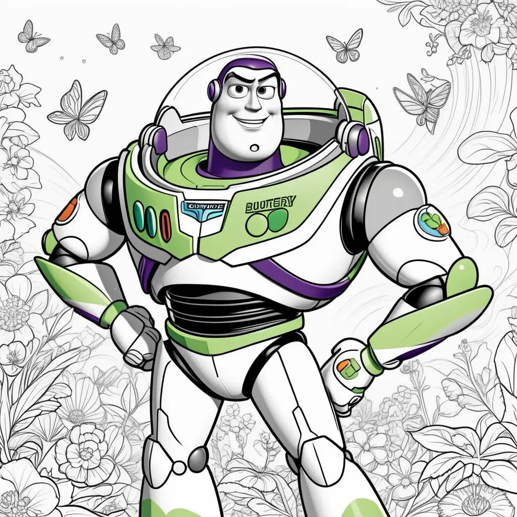 Buzz Lightyear coloring page with a butterfly and flowers in the background