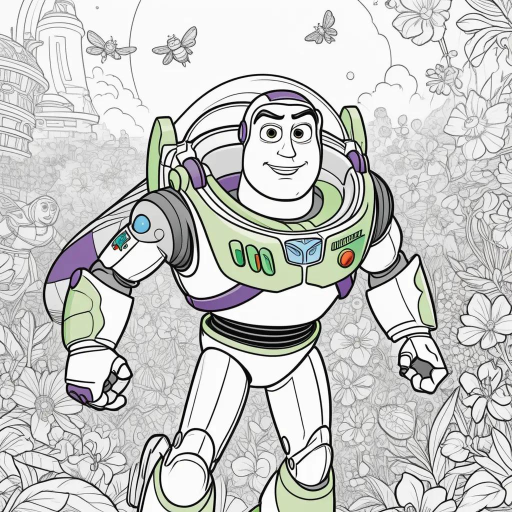 Buzz Lightyear coloring page with a castle and flowers