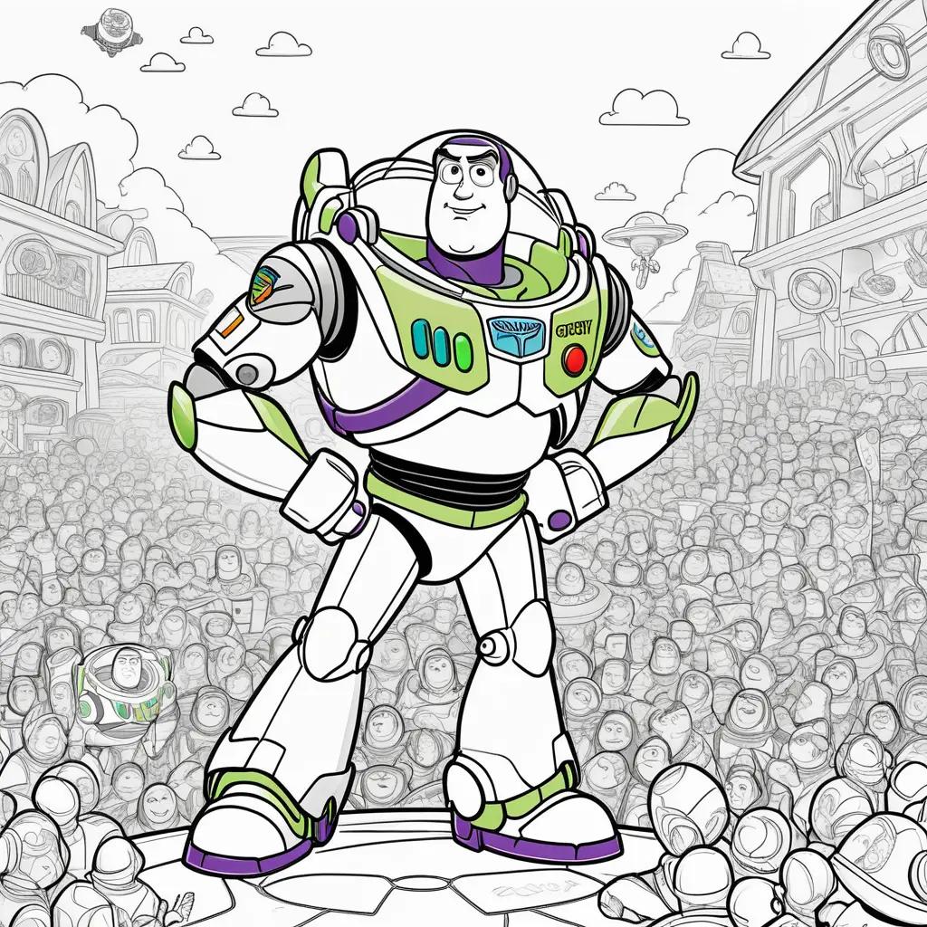 Buzz Lightyear coloring page with a crowd of people