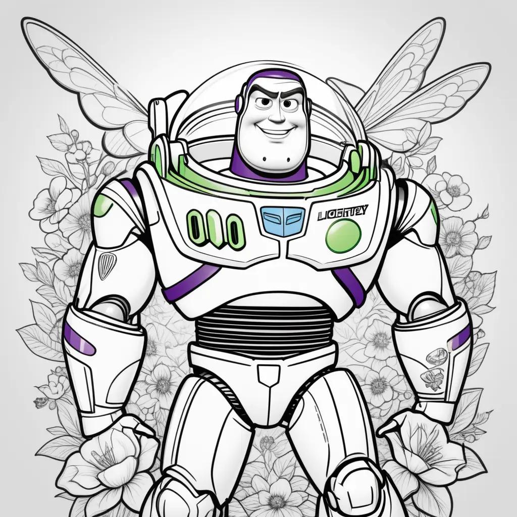 Buzz Lightyear coloring page with a floral background