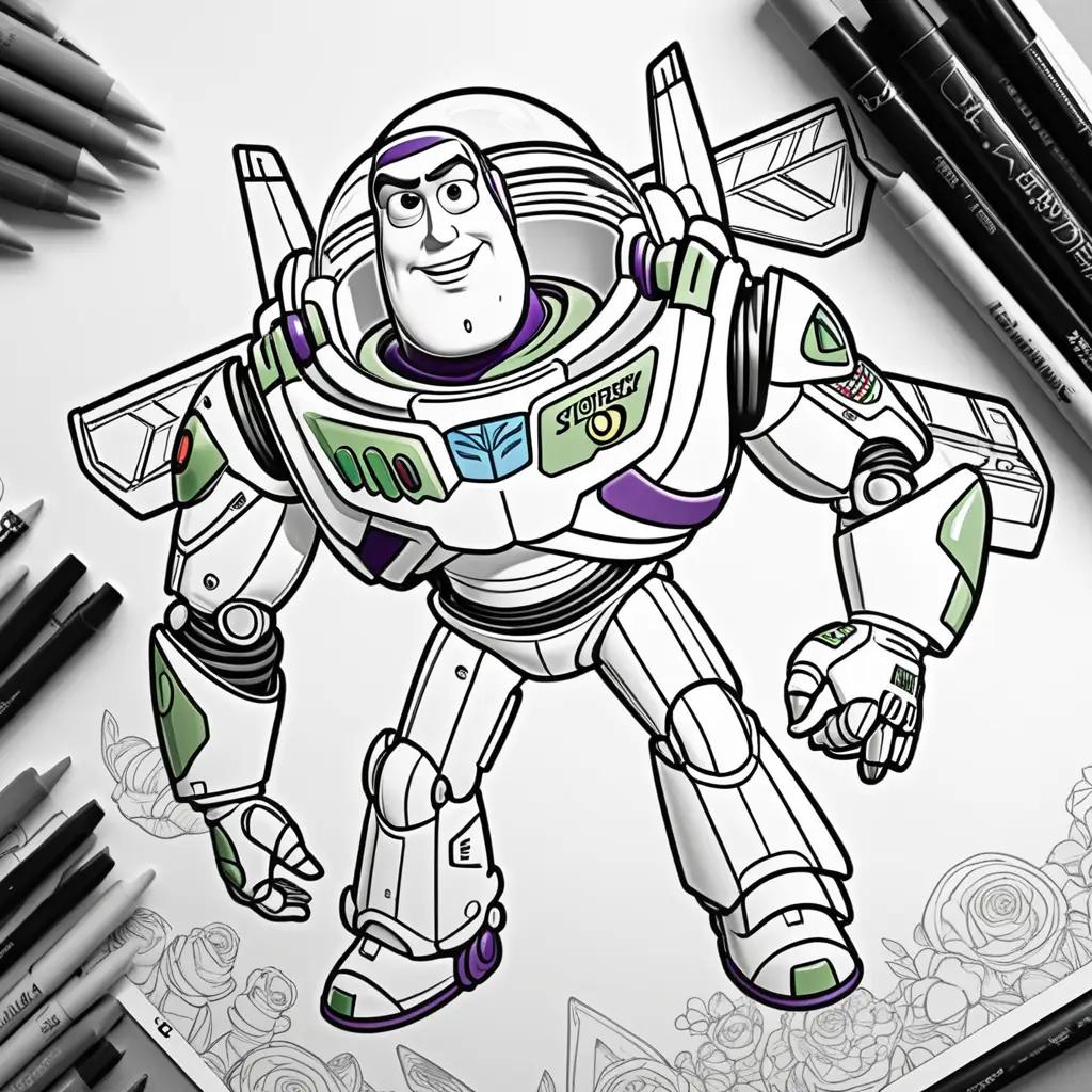 Buzz Lightyear coloring page with a variety of colors and pencils