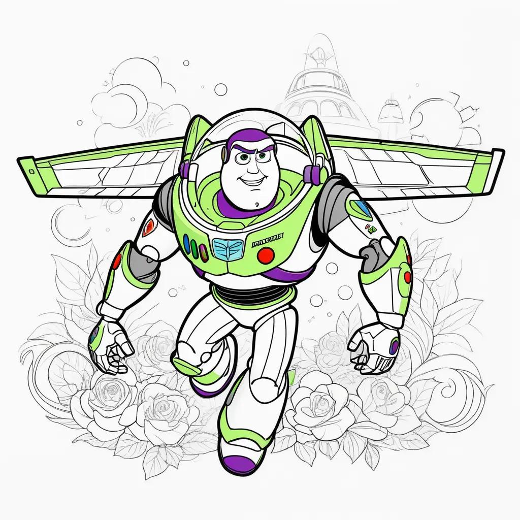 Buzz Lightyear coloring pages featuring a cartoon astronaut and flying wing