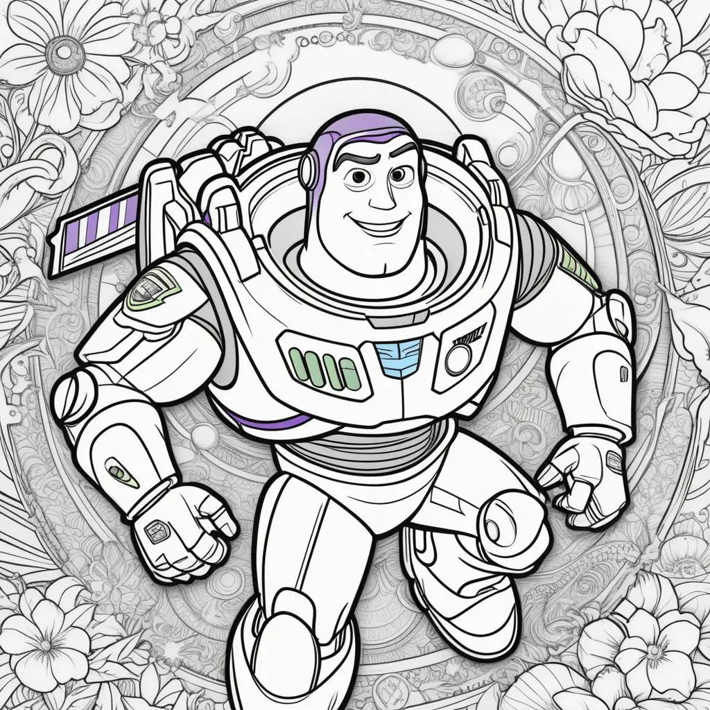 Buzz Lightyear coloring pages for adults with floral background