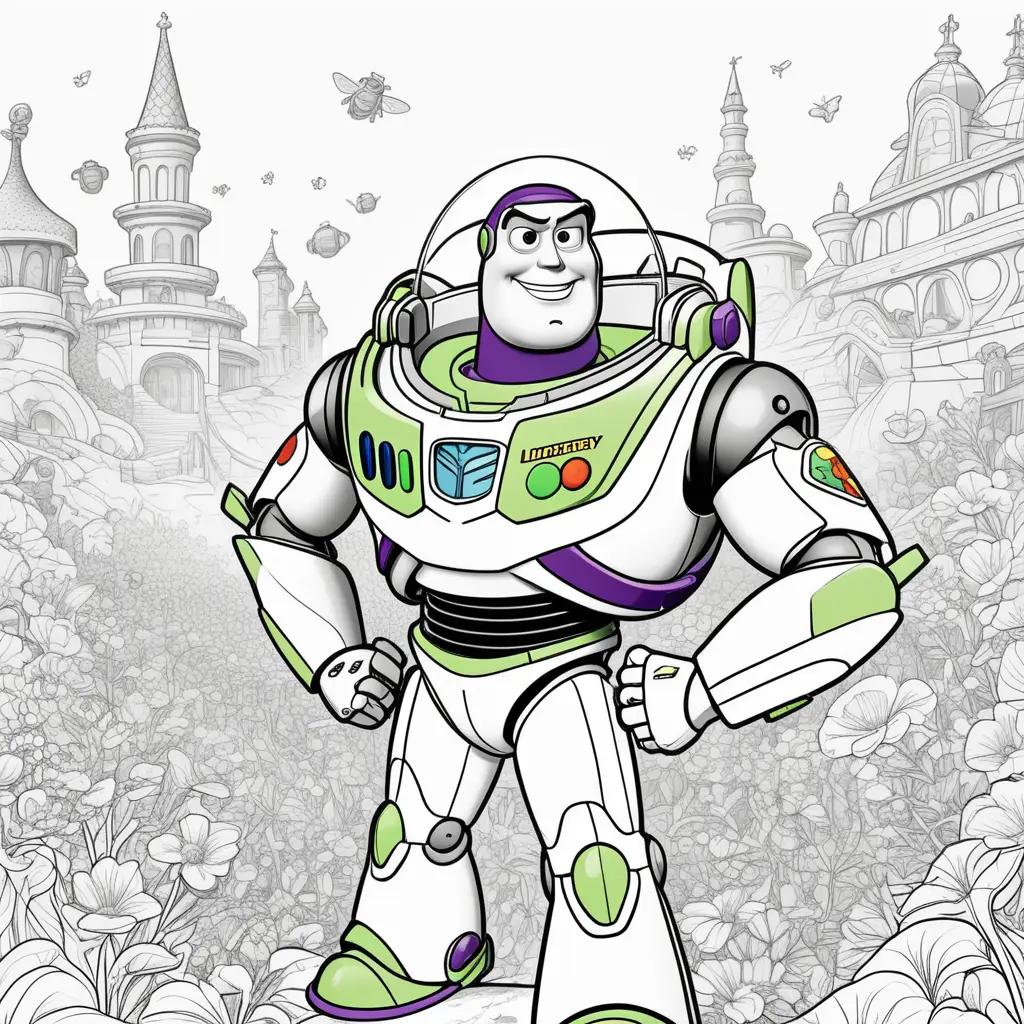 Buzz Lightyear coloring pages with bees and castles in the background