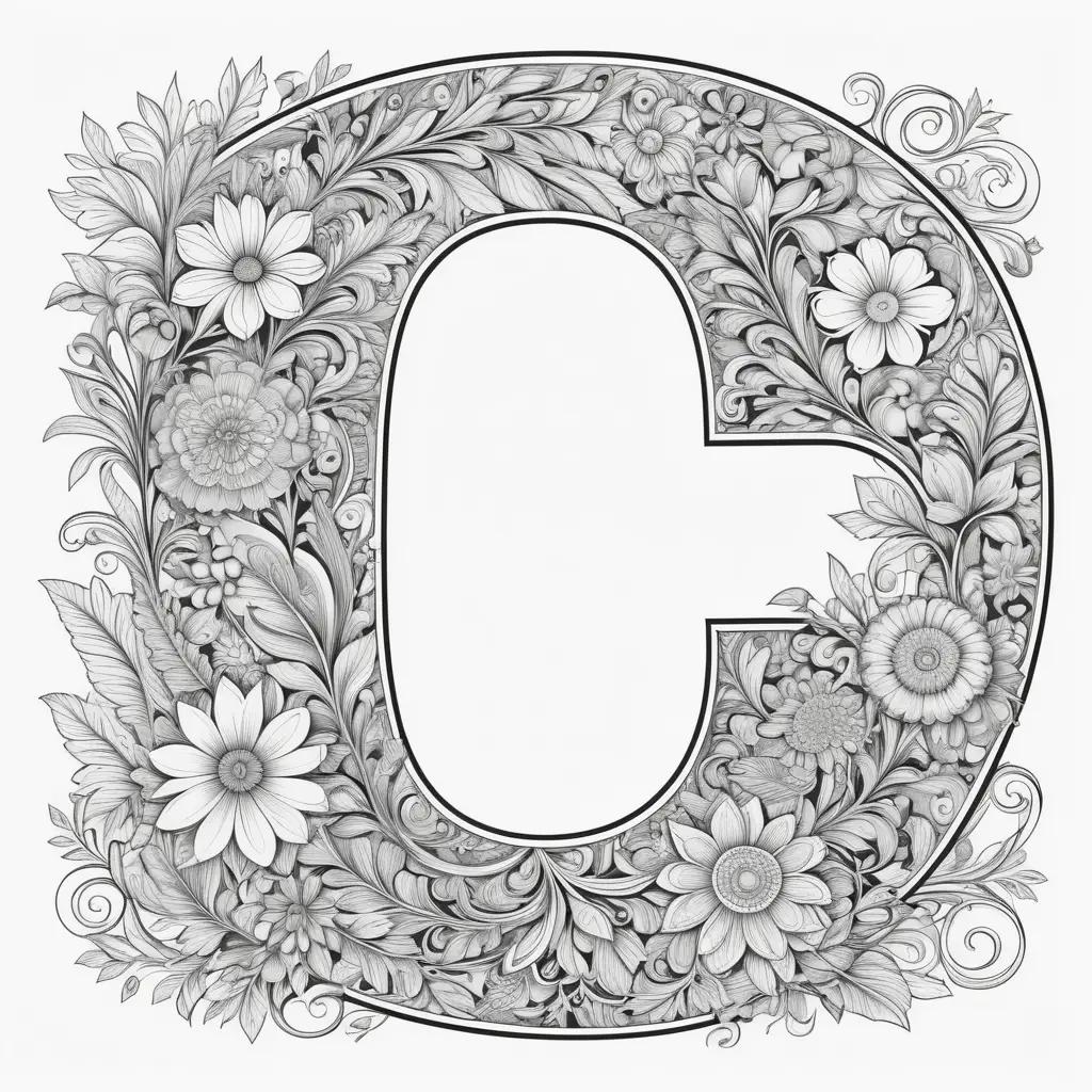 C letter coloring page with flowers and leaves