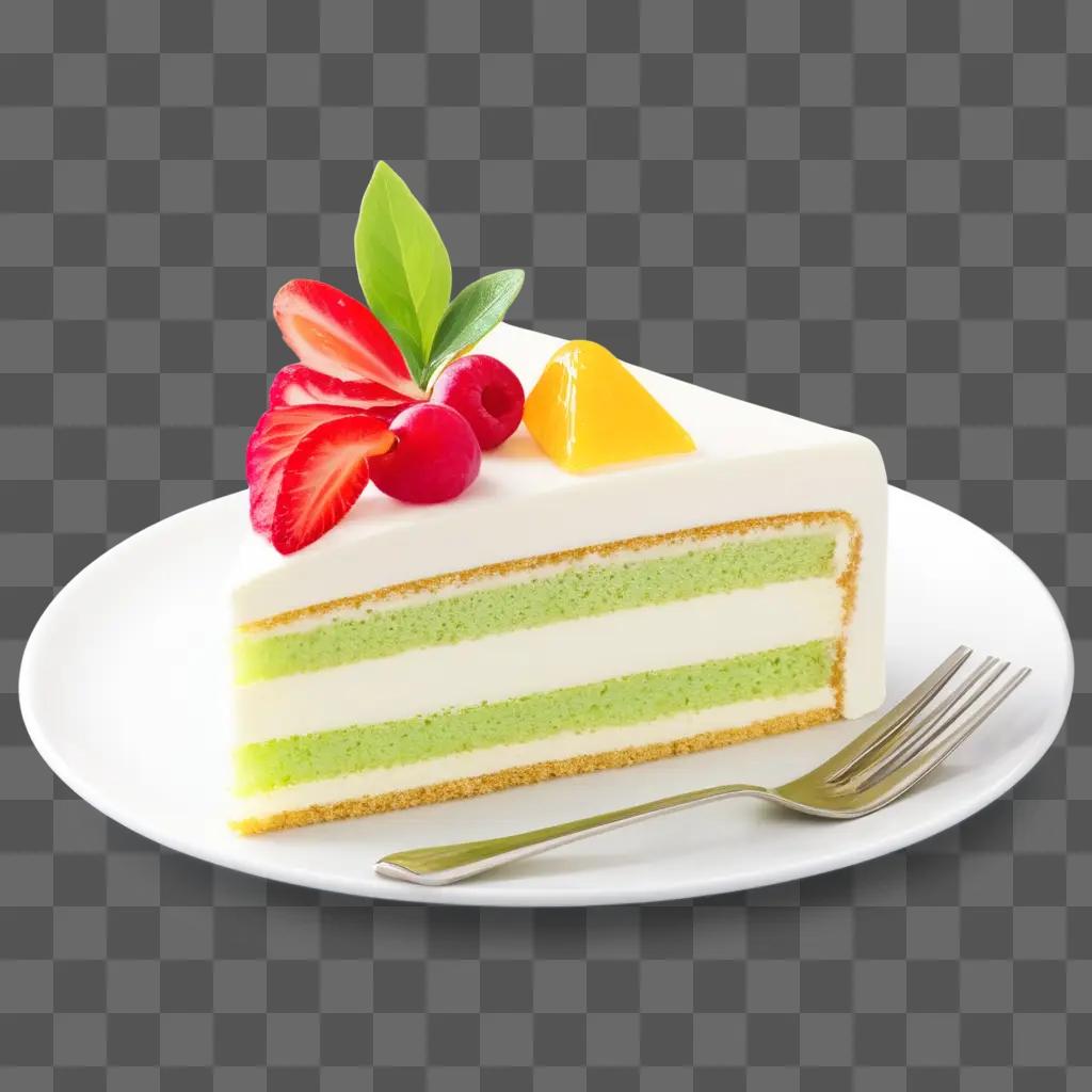 Cake slice with fruit on plate and fork