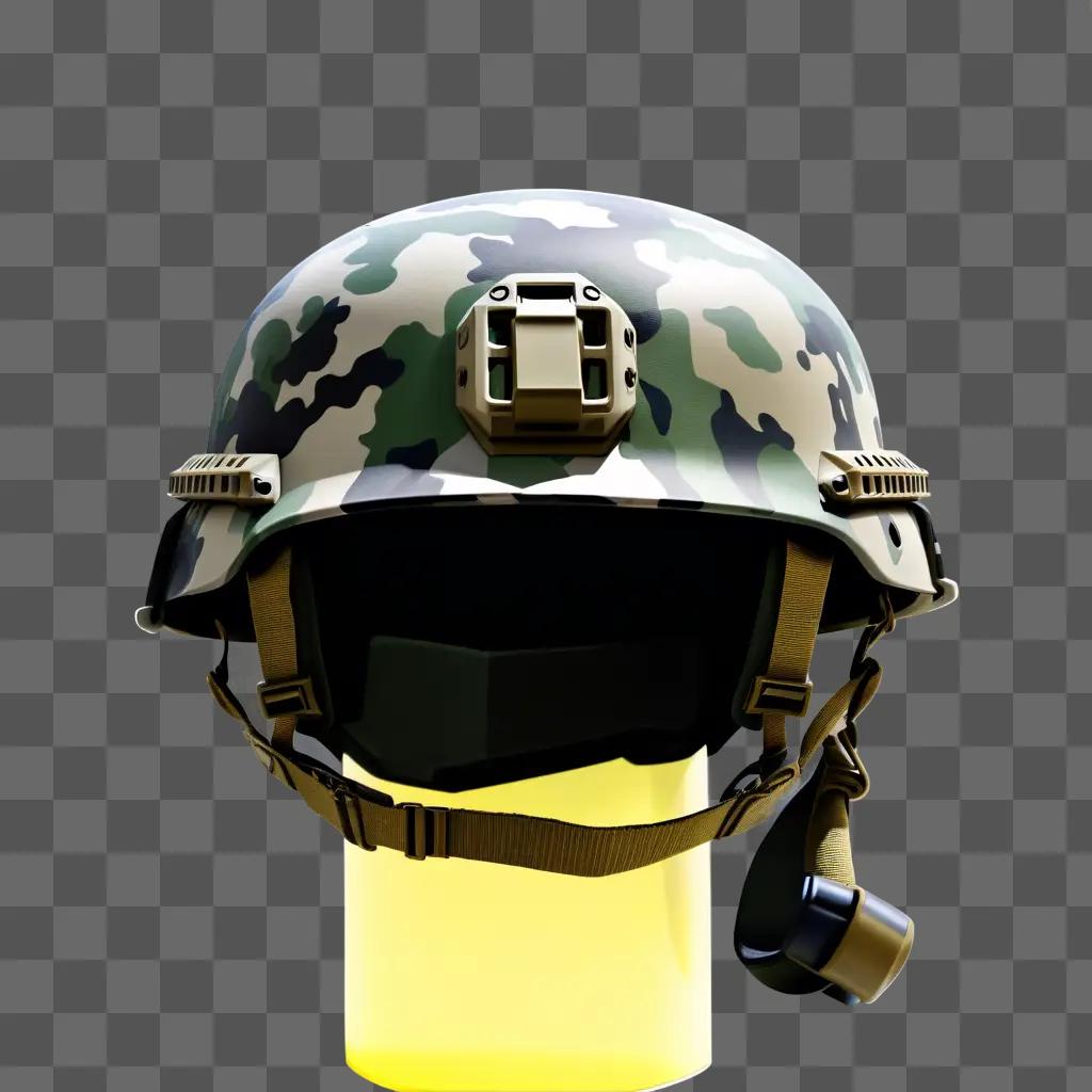 Camo military helmet on yellow light