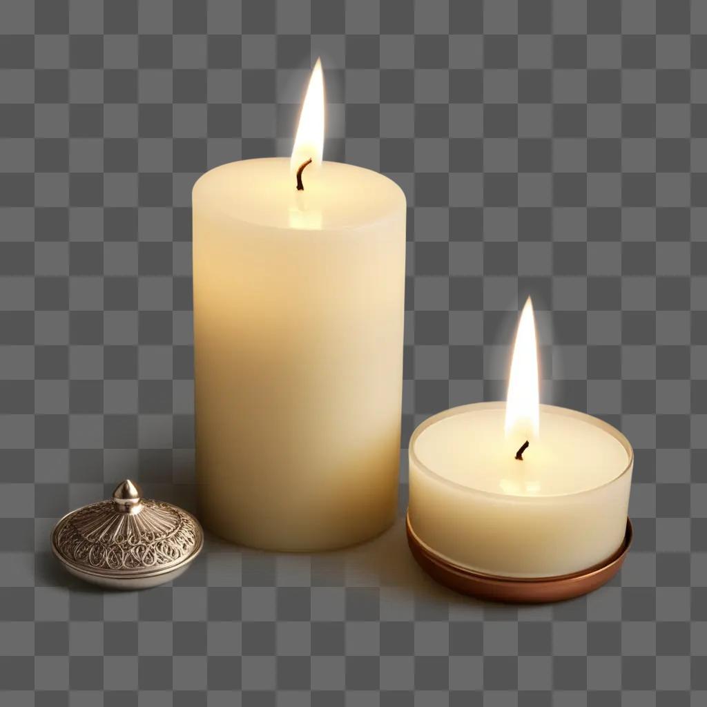 Candle with light burning on a beige surface