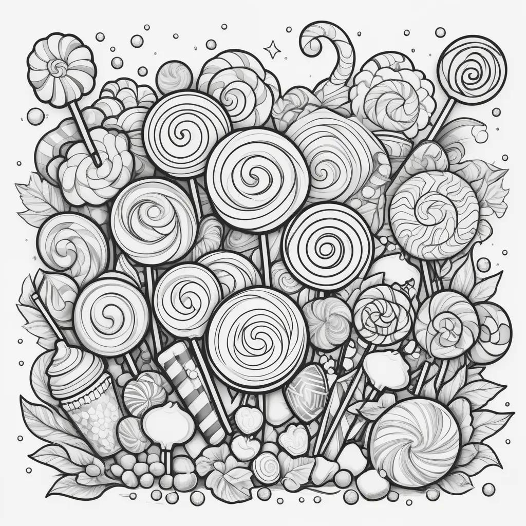 Candy coloring pages with lollipops and other candy items