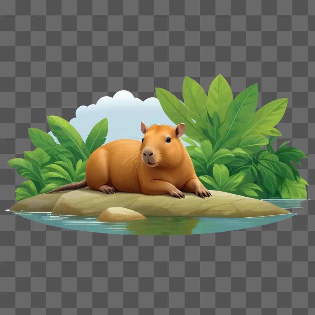 Capibara sits on a rock in a jungle setting