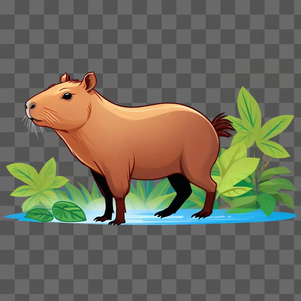 Capibara standing on green leaves in water