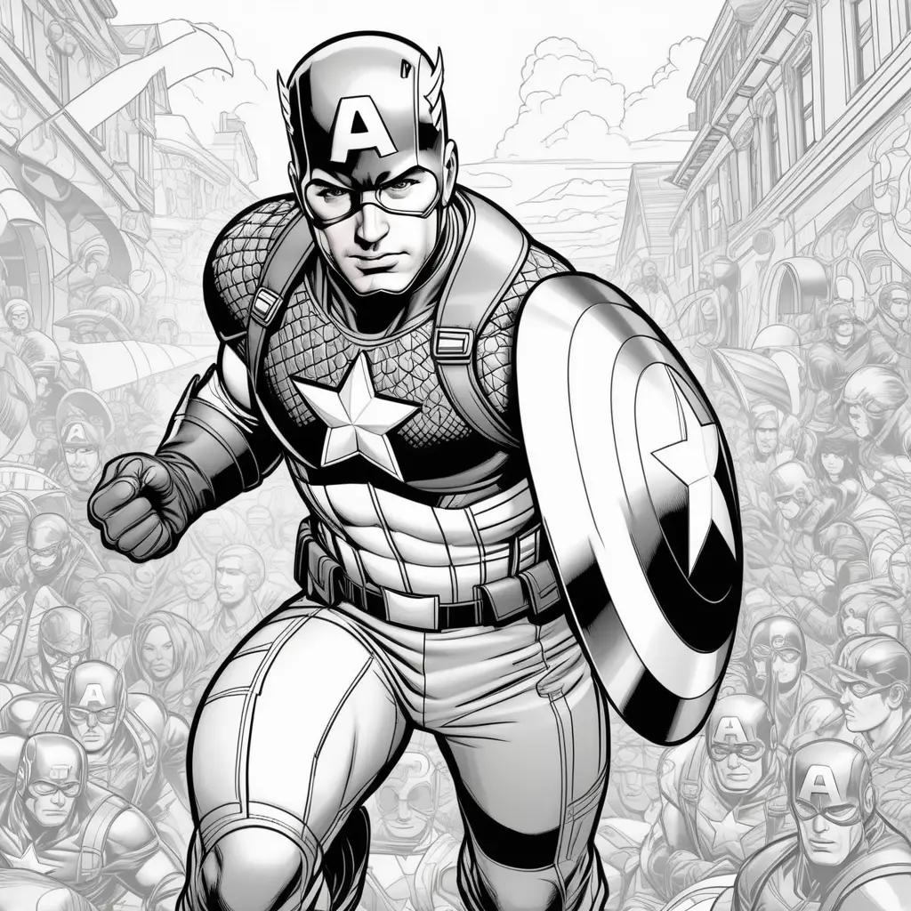 Captain America coloring pages featuring a black and white illustration of the character