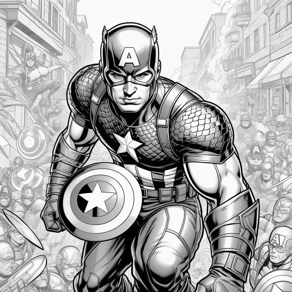 Captain America coloring pages show him in a crowd