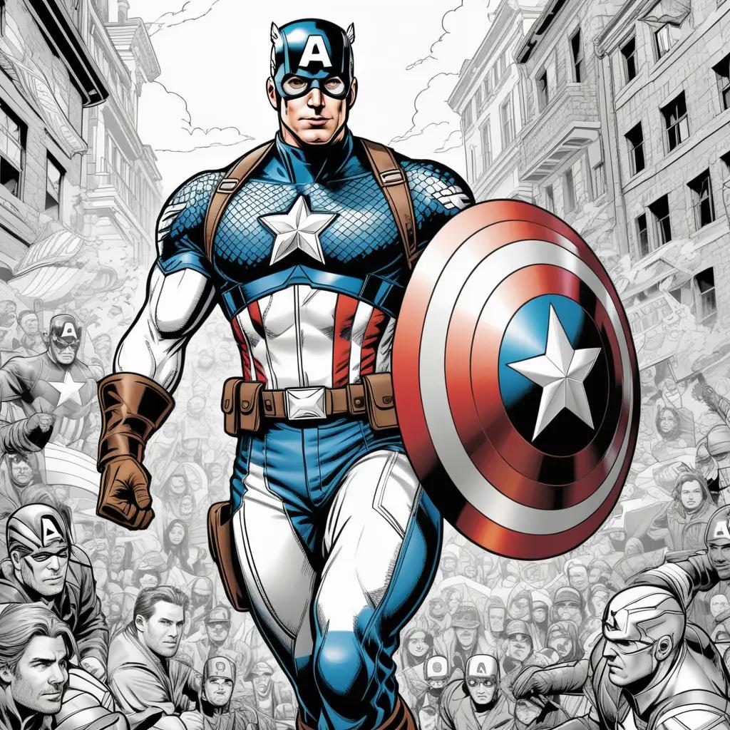 Captain America coloring pages with people in the background